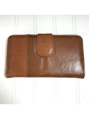 Vintage Brown Wallet Checkbook Leather / Vinyl Patchwork Snap Close Retro